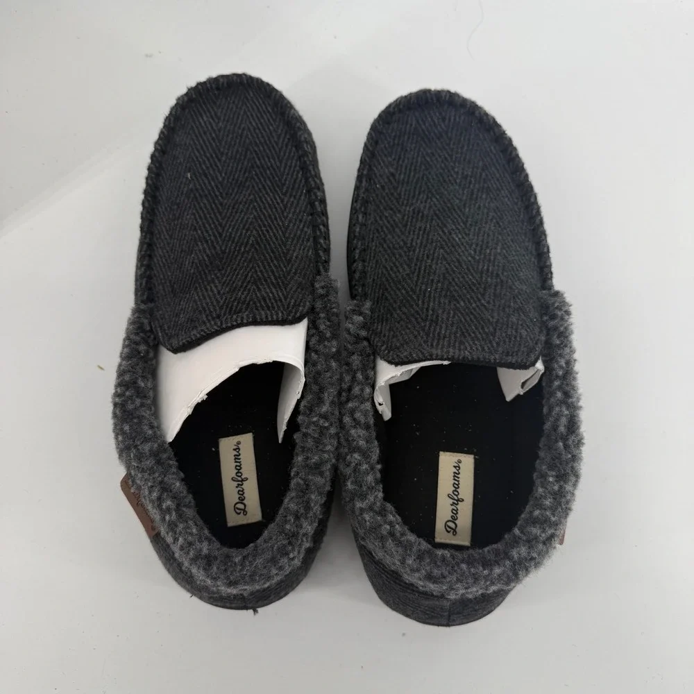 Dearfoams Mens Memory Foam Moccasin Slippers‎ Grey Herringbone Size M 9-10